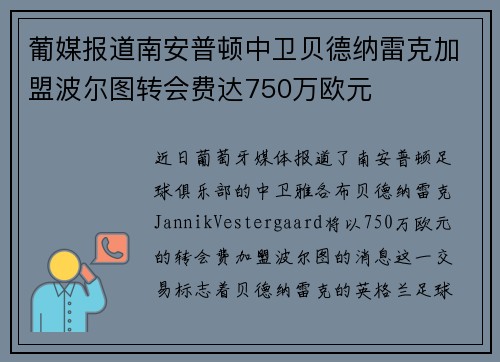 葡媒报道南安普顿中卫贝德纳雷克加盟波尔图转会费达750万欧元 葡媒报道南安普顿中卫贝德纳雷克加盟波尔图转会费达750万欧元