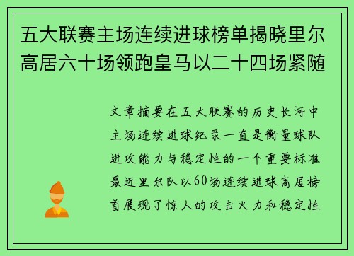 五大联赛主场连续进球榜单揭晓里尔高居六十场领跑皇马以二十四场紧随其后 五大联赛主场连续进球榜单揭晓里尔高居六十场领跑皇马以二十四场紧随其后